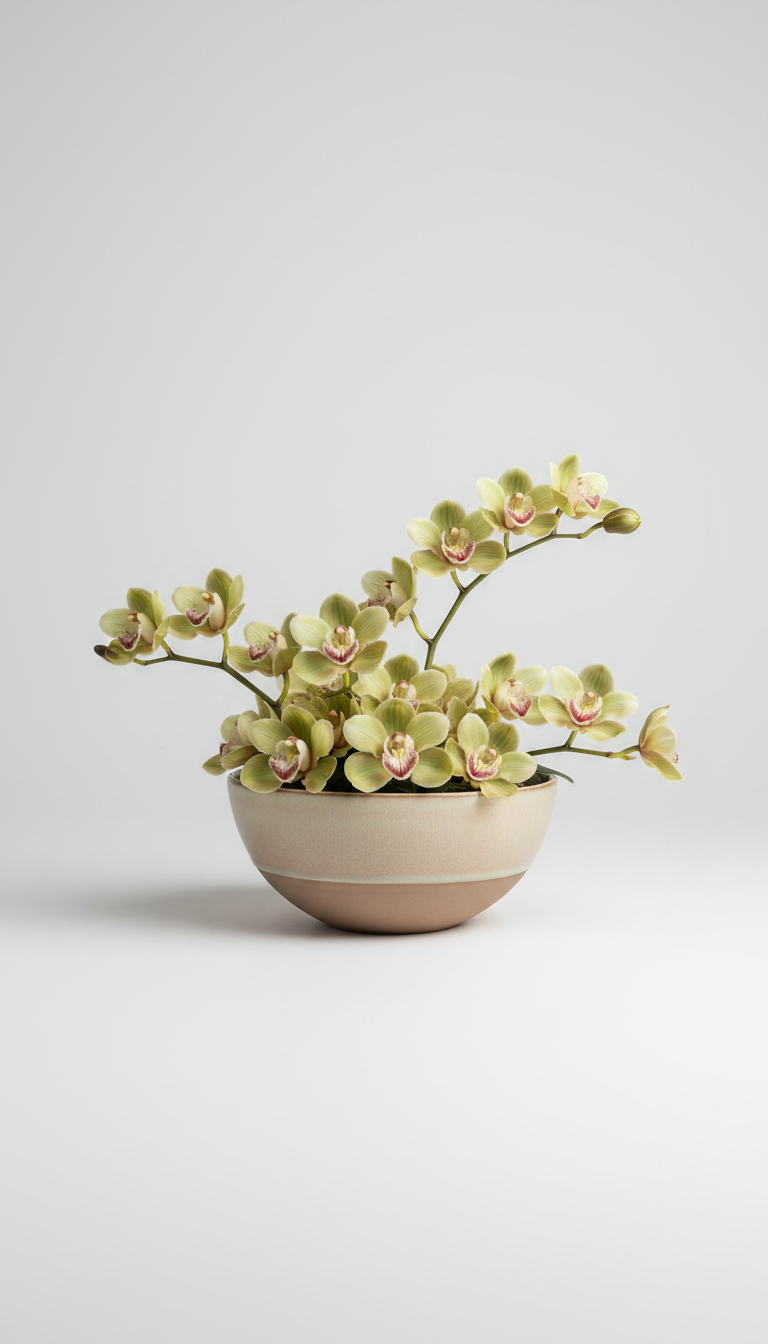 Sage cymbidium orchid arrangement in matte ceramic bowl
