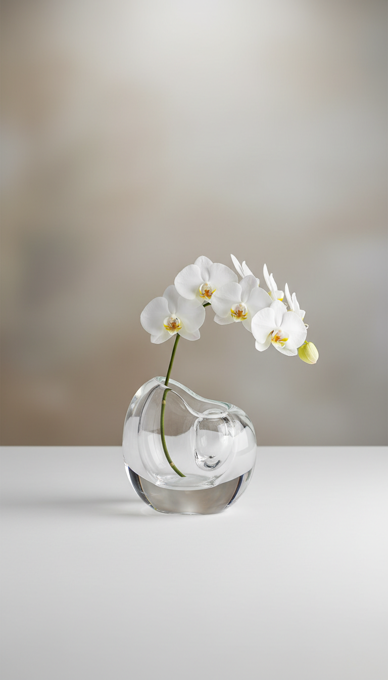 White phalaenopsis orchid in sculptural glass vessel