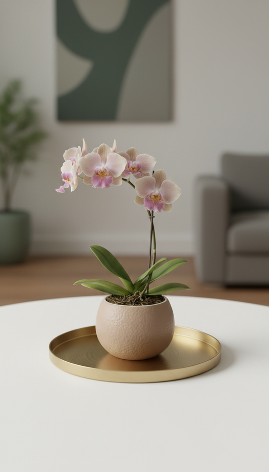 Blush miltonia orchid gift set with brushed brass tray