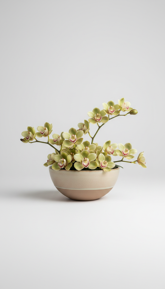 Sage cymbidium orchid arrangement in matte ceramic bowl
